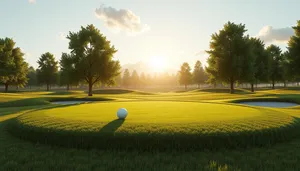 Golfer on green under sunny sky.