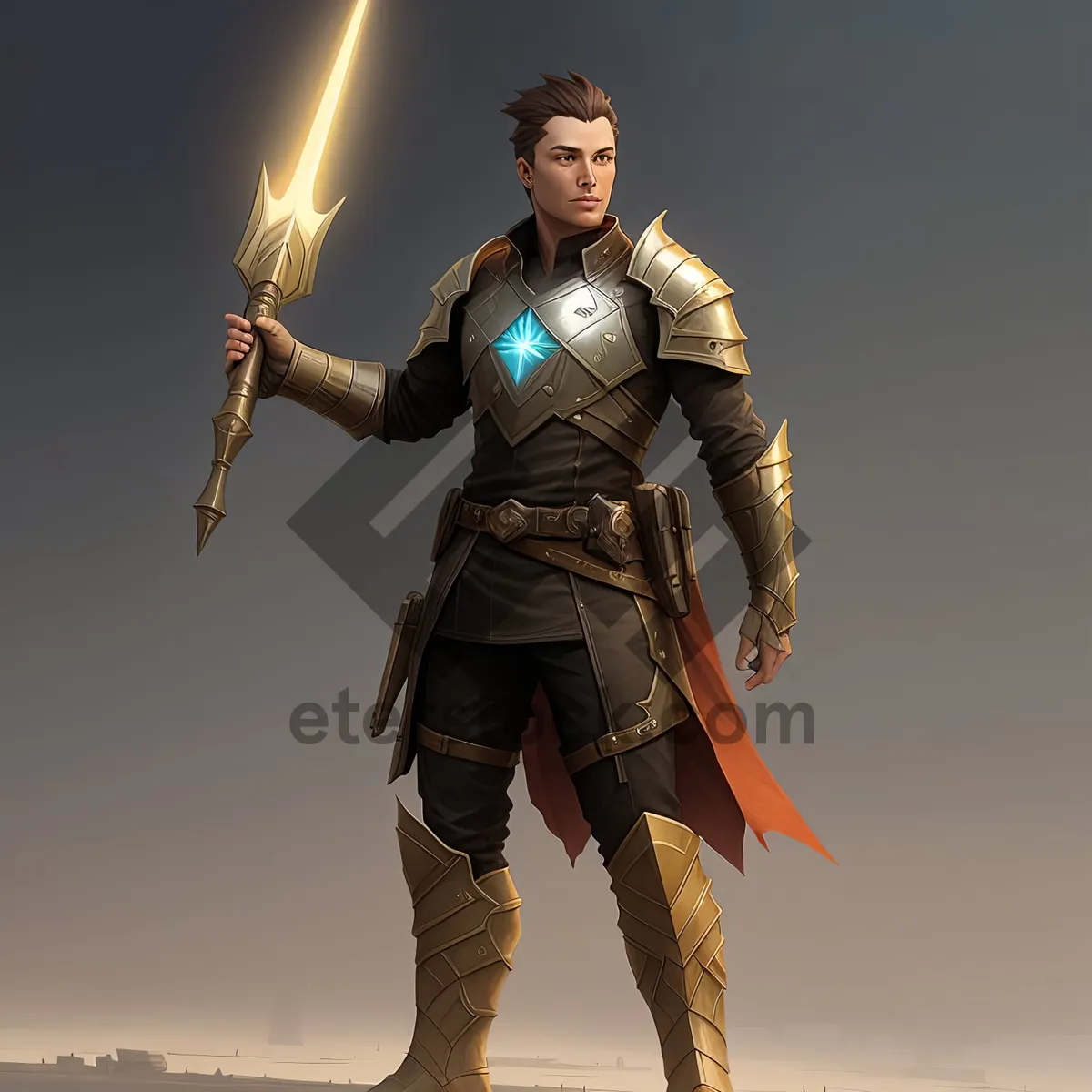 Picture of Male warrior in armor wielding halberd weapon.