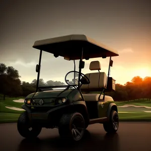 Green Golf Car Driving through Sky-High Fields