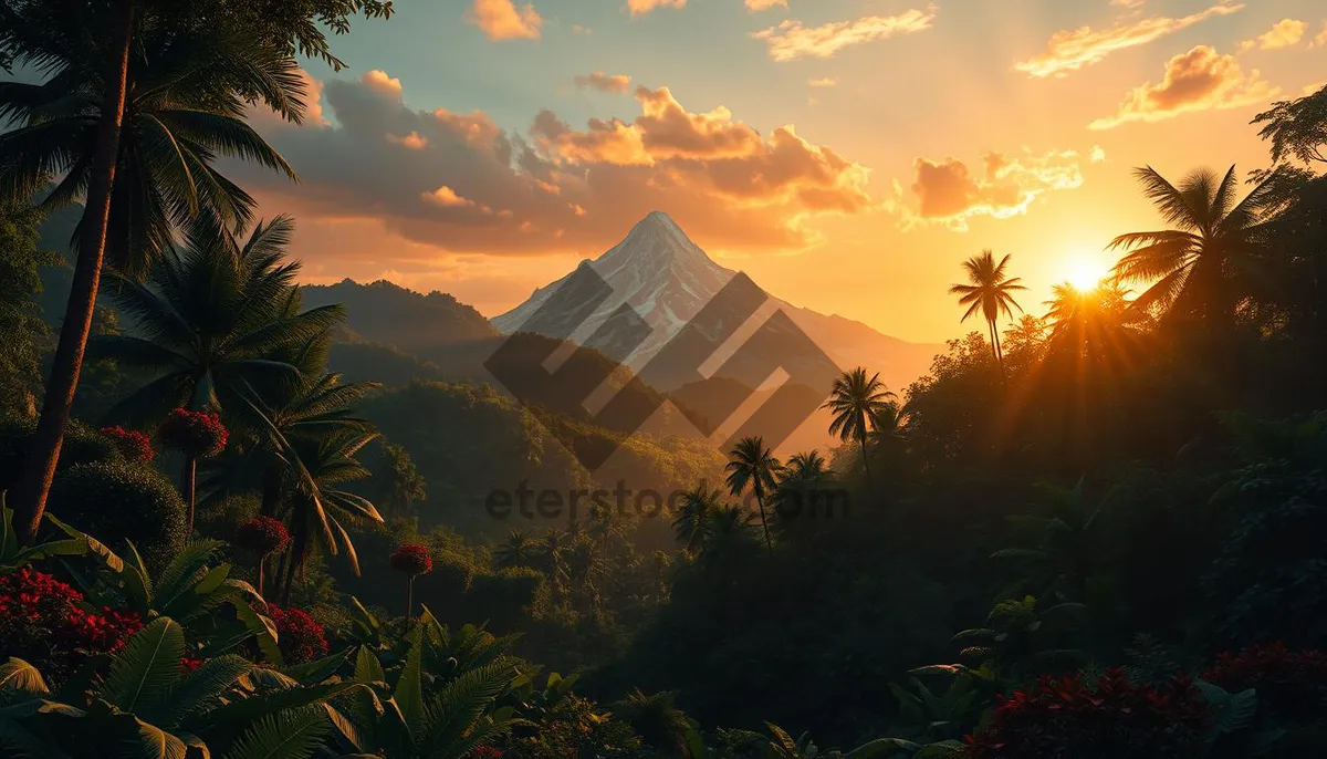 Picture of Mountain Sunset Scenery with Orange Sky and Trees