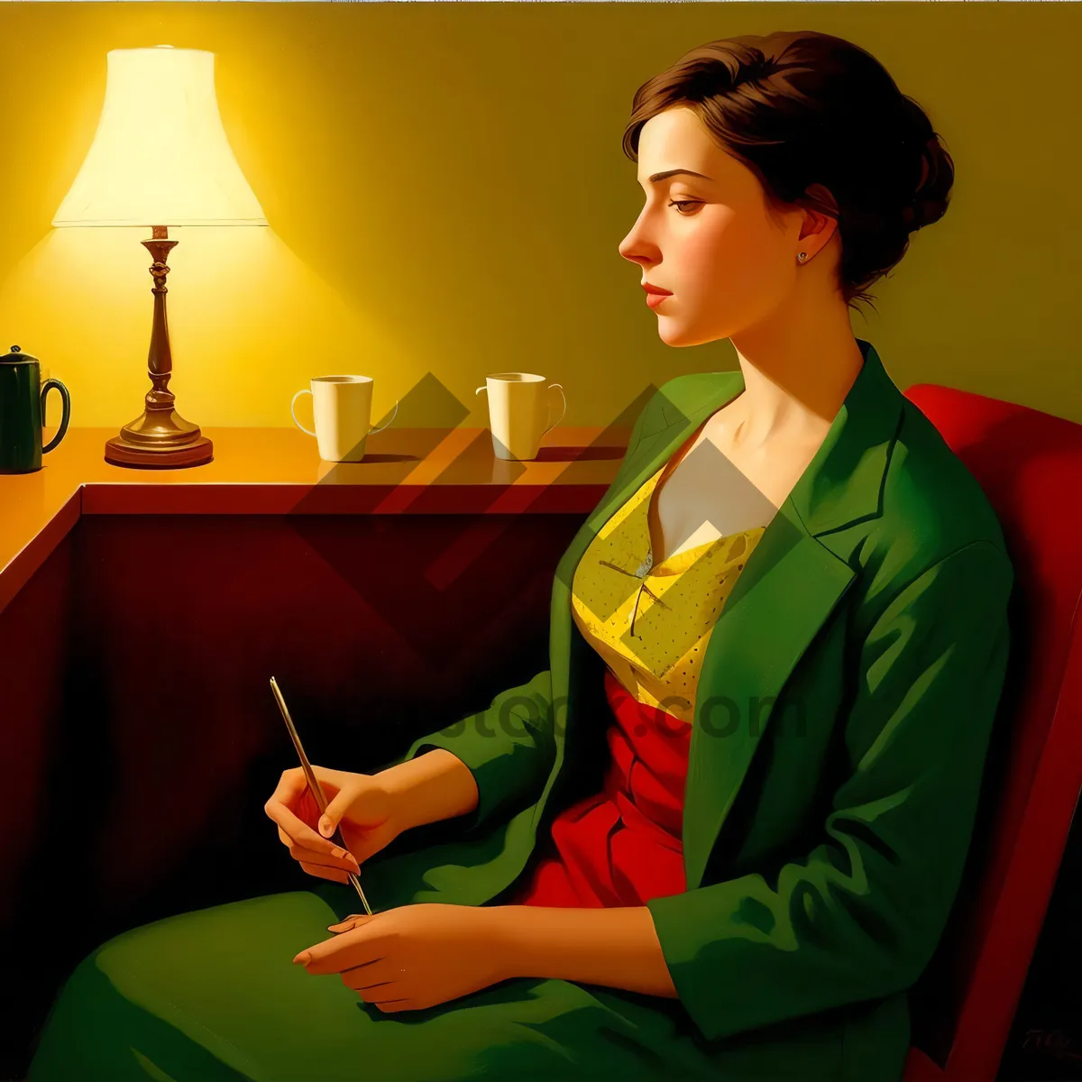 Picture of Happy Smiling Brunette Lady with Laptop at Home