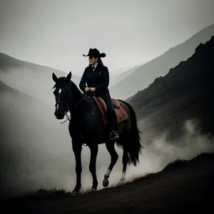 Equestrian Cowboy on Saddle in Horse Field.