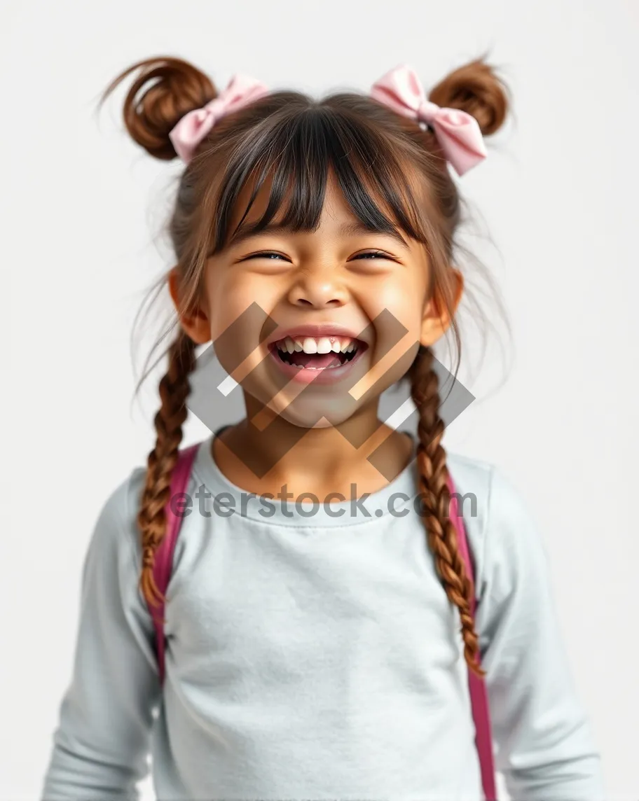 Picture of Attractive brunette model with cheerful smile in studio portrait