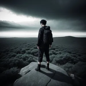 Man hiking on rocky mountain trail at sunset