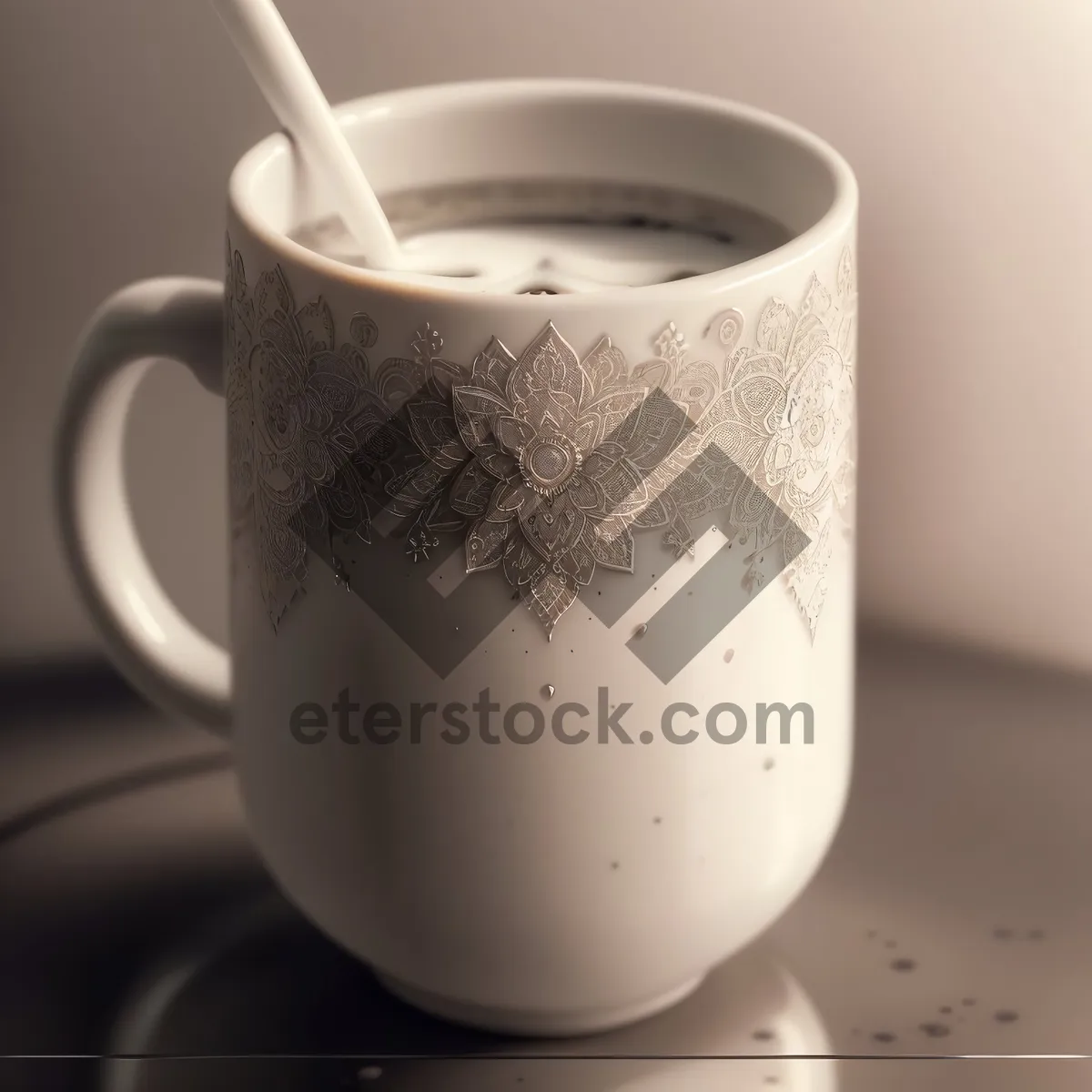 Picture of Hot morning coffee in brown mug on wooden table