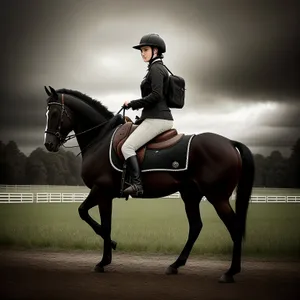 Elegant equestrian saddled on majestic stallion.