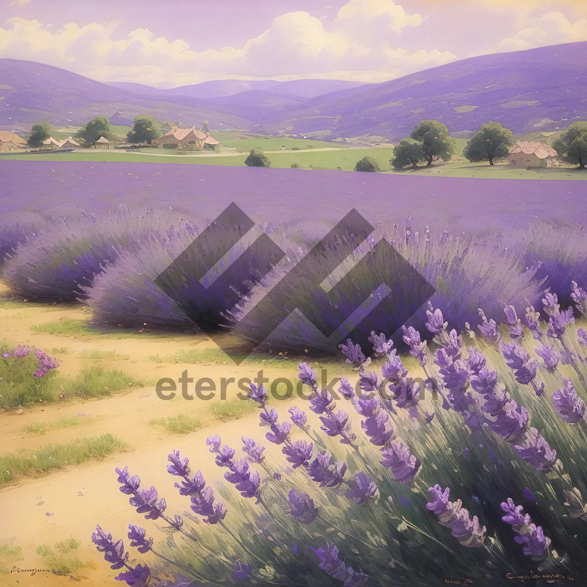 Picture of Serene Lavender Meadow beneath Majestic Mountains