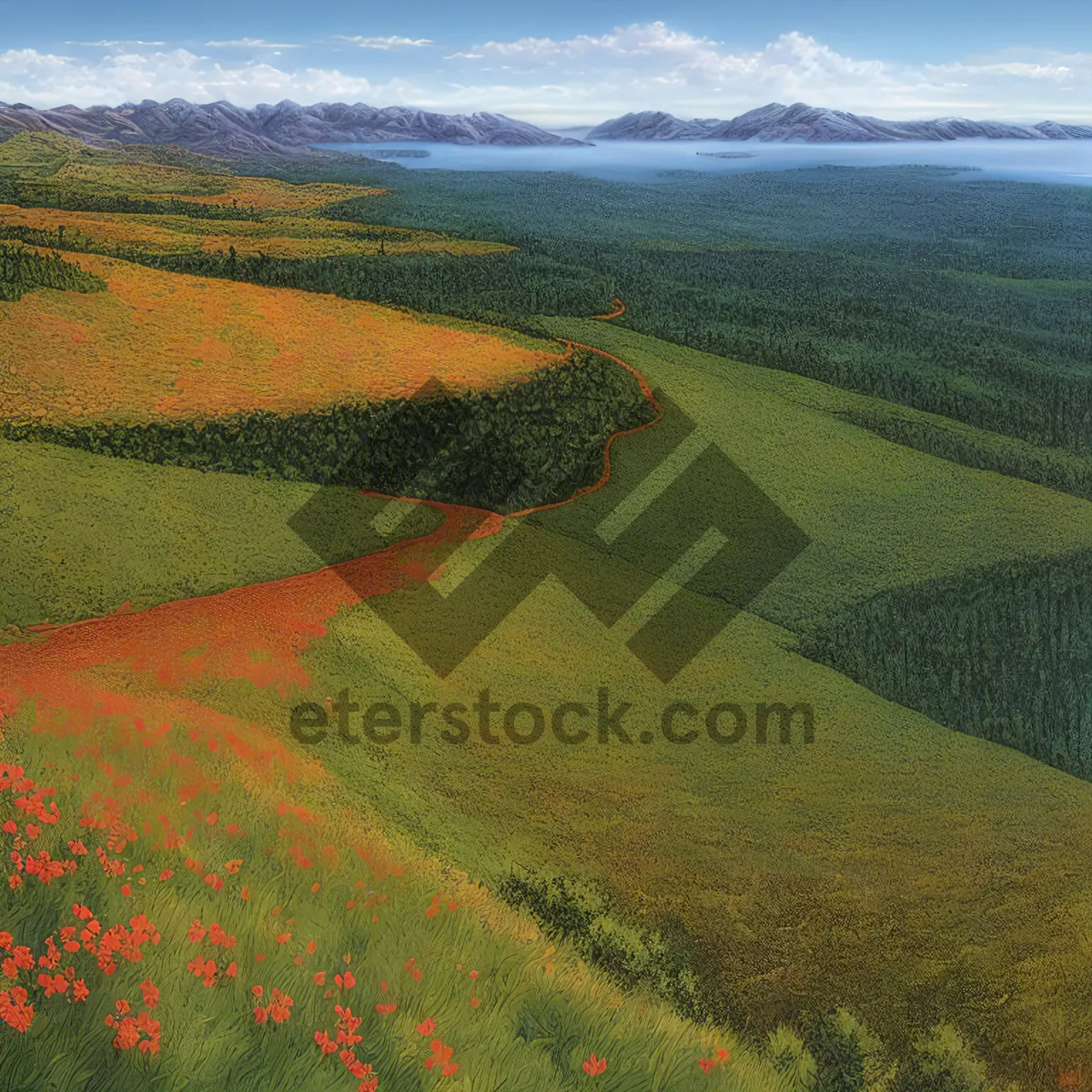 Picture of Idyllic rural landscape nestled amidst rolling highlands and majestic mountains.