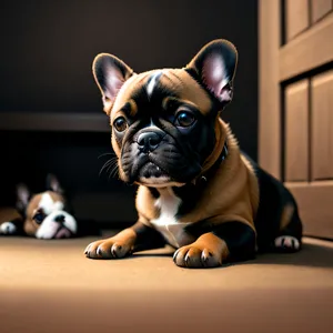 A cute Bulldog puppy with adorable wrinkles, sitting obediently and irresistibly charming