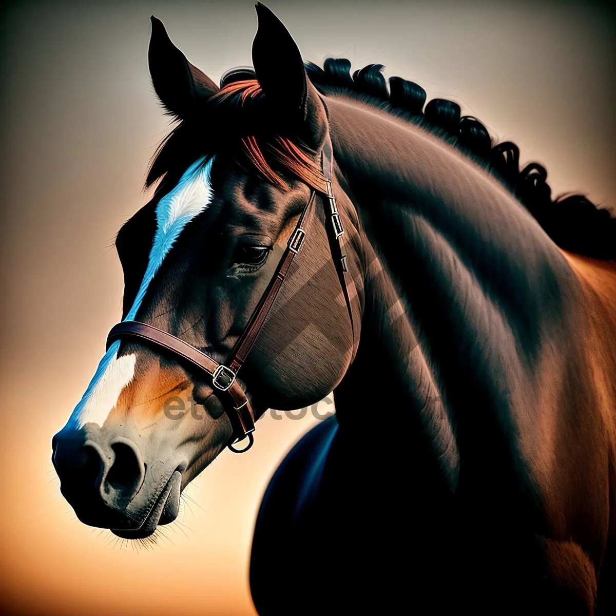 Picture of Beautiful Chestnut Stallion Grazing in Meadow