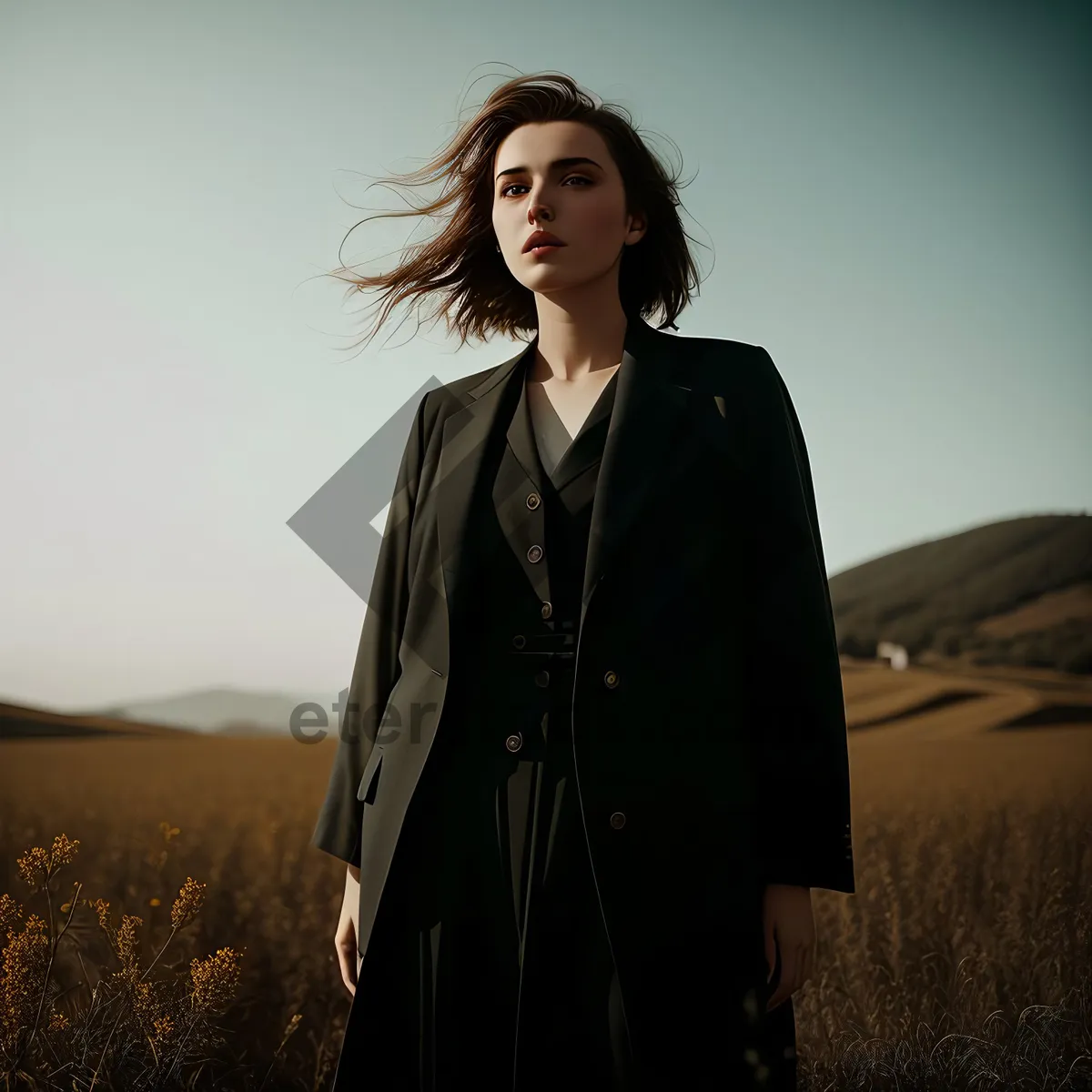 Picture of Attractive brunette businesswoman in black trench coat smiling.