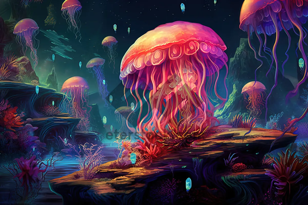 Picture of Colorful Jellyfish Fantasy Fractal Pattern Sparkling Glow