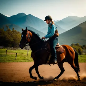 Cowboy riding stallion over horseback