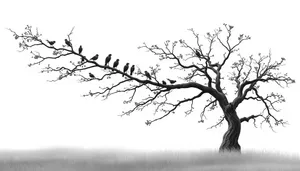 Winter silhouette of black tree branches against snowy sky