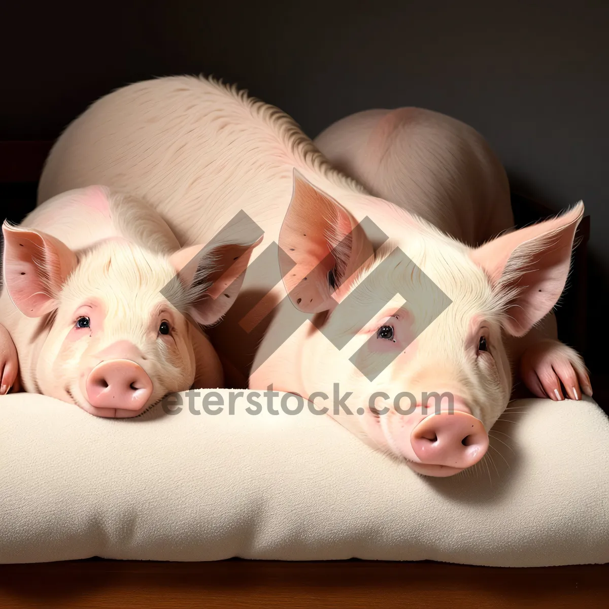 Picture of Happy kid cuddling adorable pink piglet