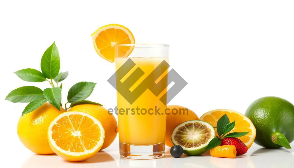 Picture of Refreshing orange lemonade with tropical fruits in glass.