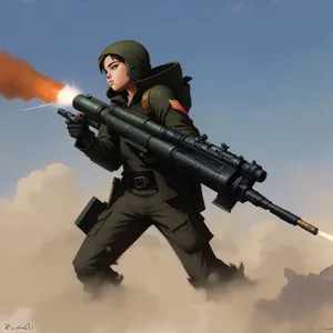 Soldier armed with assault rifle under sky