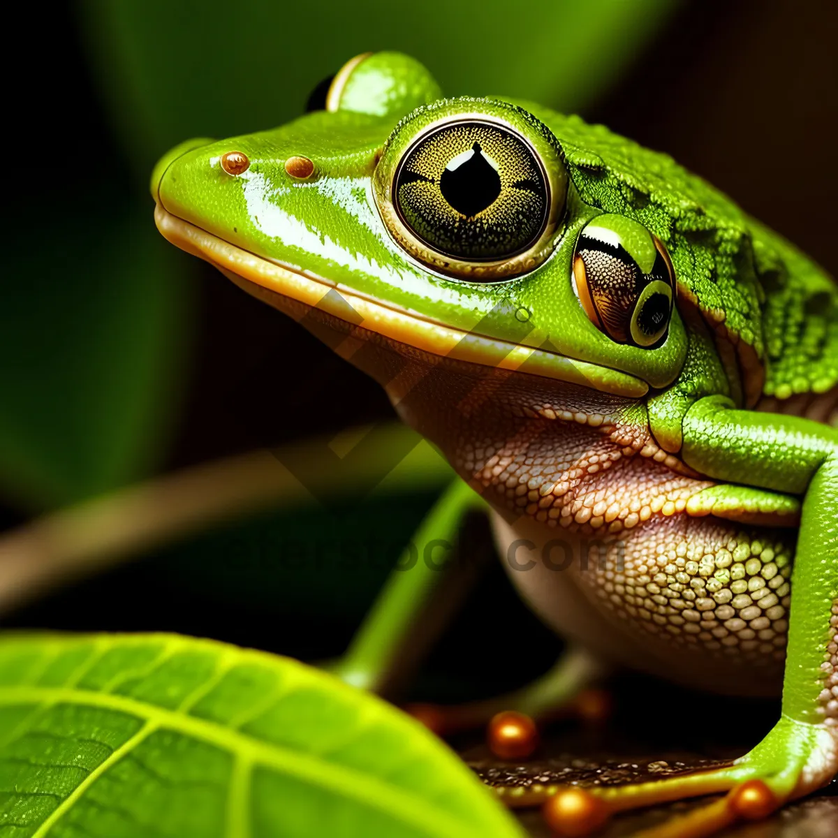 Picture of Vibrant Eyed Tree Frog Peeking Through Leaf