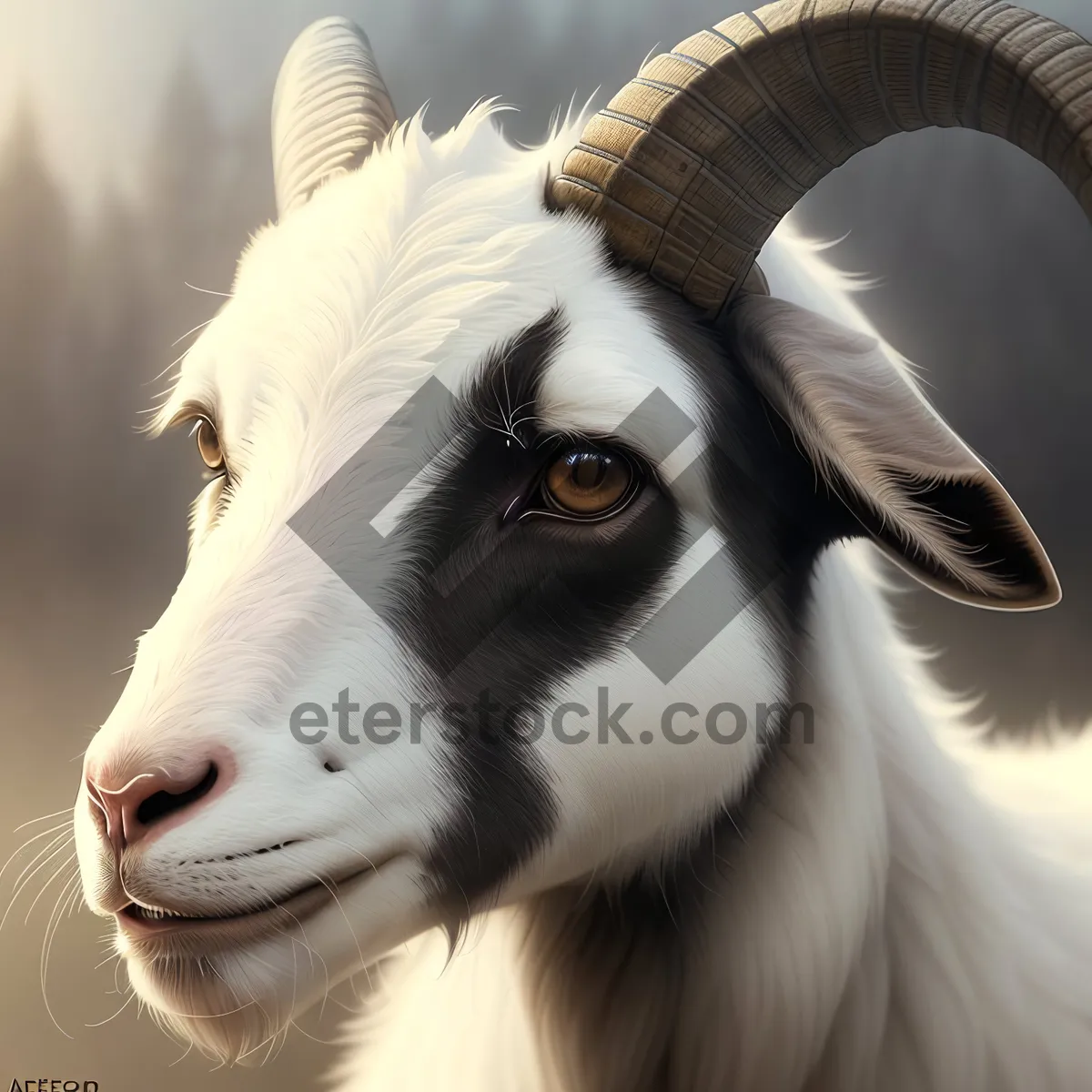 Picture of White Ram in Grass Field"
OR
"Sheep Head Grazing in Rural Farm