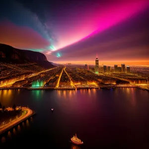 Evening Glow: Midnight Reflections on City Waterfront