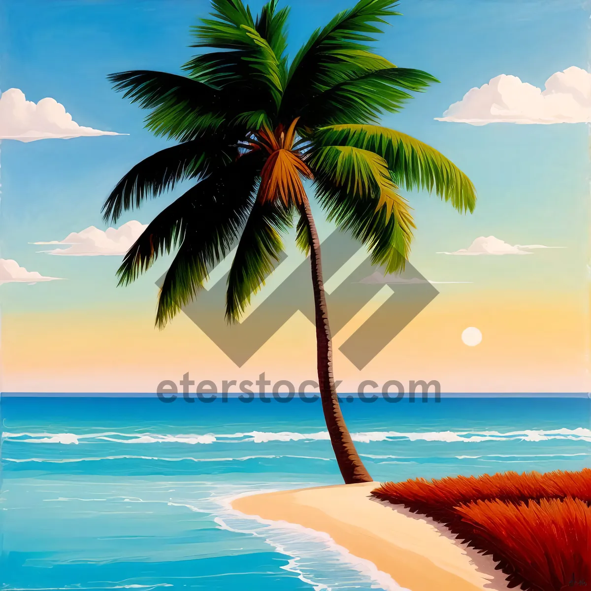 Picture of Serene Tropical Beachscape with Coconut Trees and Turquoise Waters