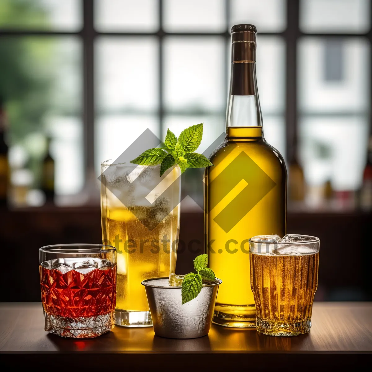 Picture of Restaurant table close up with wine and beer glasses