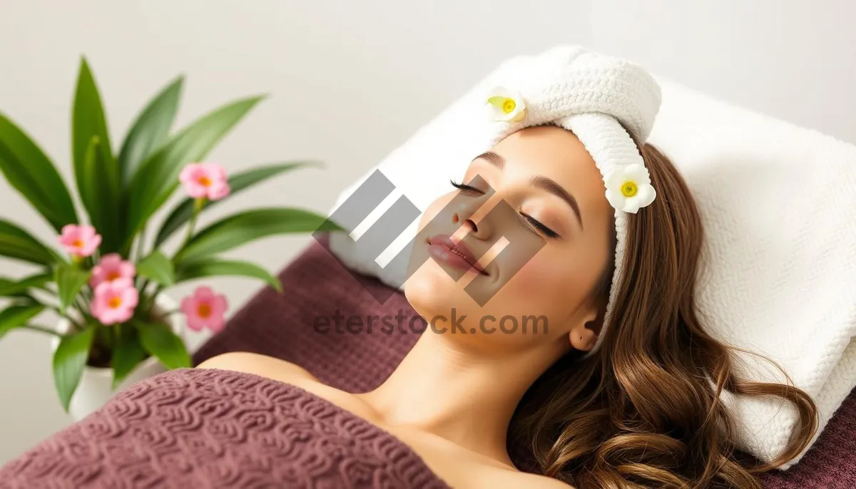 Picture of Beautiful woman with pink flower in hair portrait