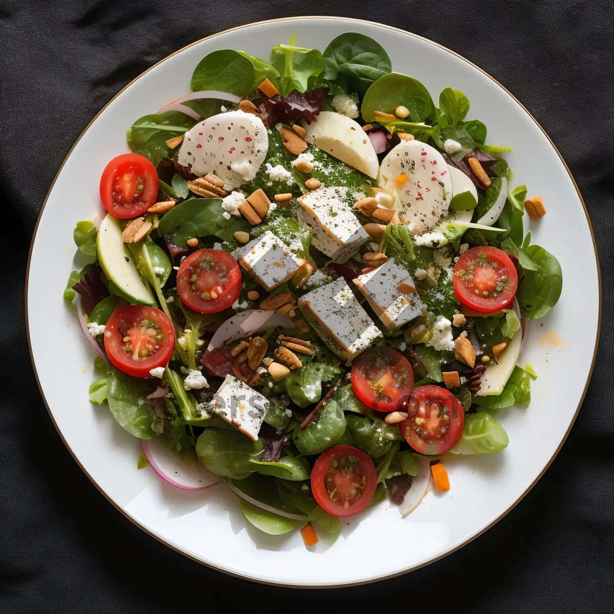 Picture of Delicious gourmet meal with grilled vegetables and cheese