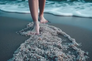 Starfish resting on rock on sandy beach shore.