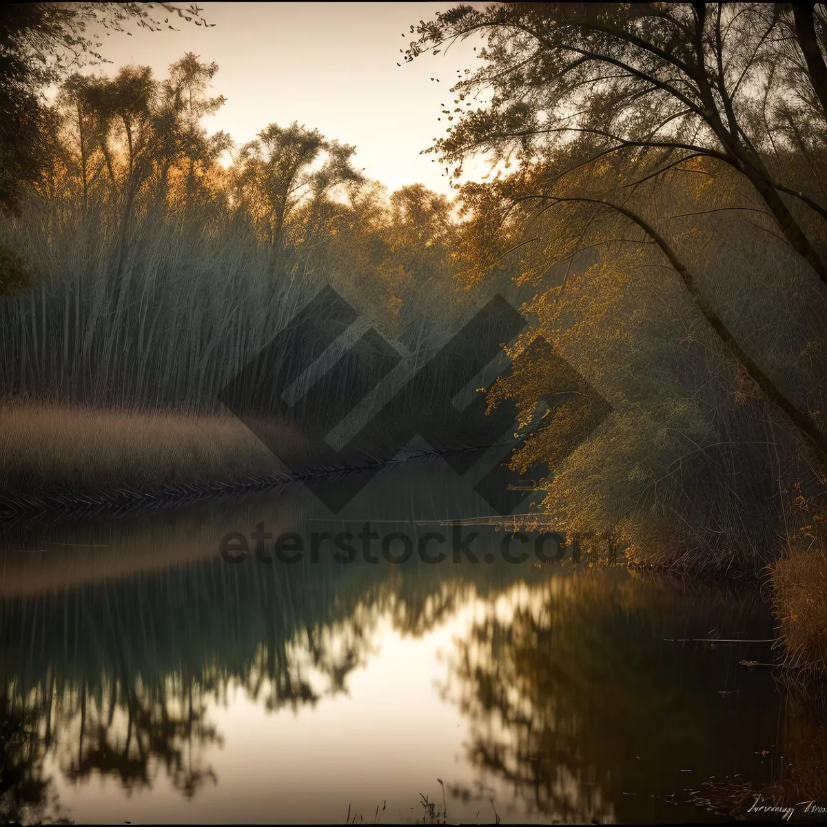 Picture of Serene Autumn Landscape: Trees Reflecting in Calm Lake