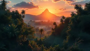 Tropical Sunset Beach Evening Sky Palm Trees Silhouette