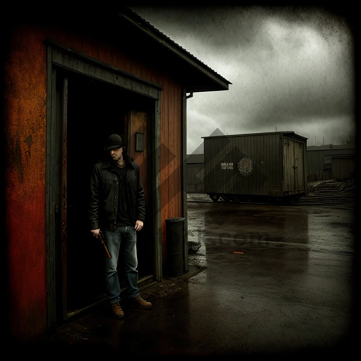 Picture of Vintage Telephone Booth Against Dark Architectural Wall