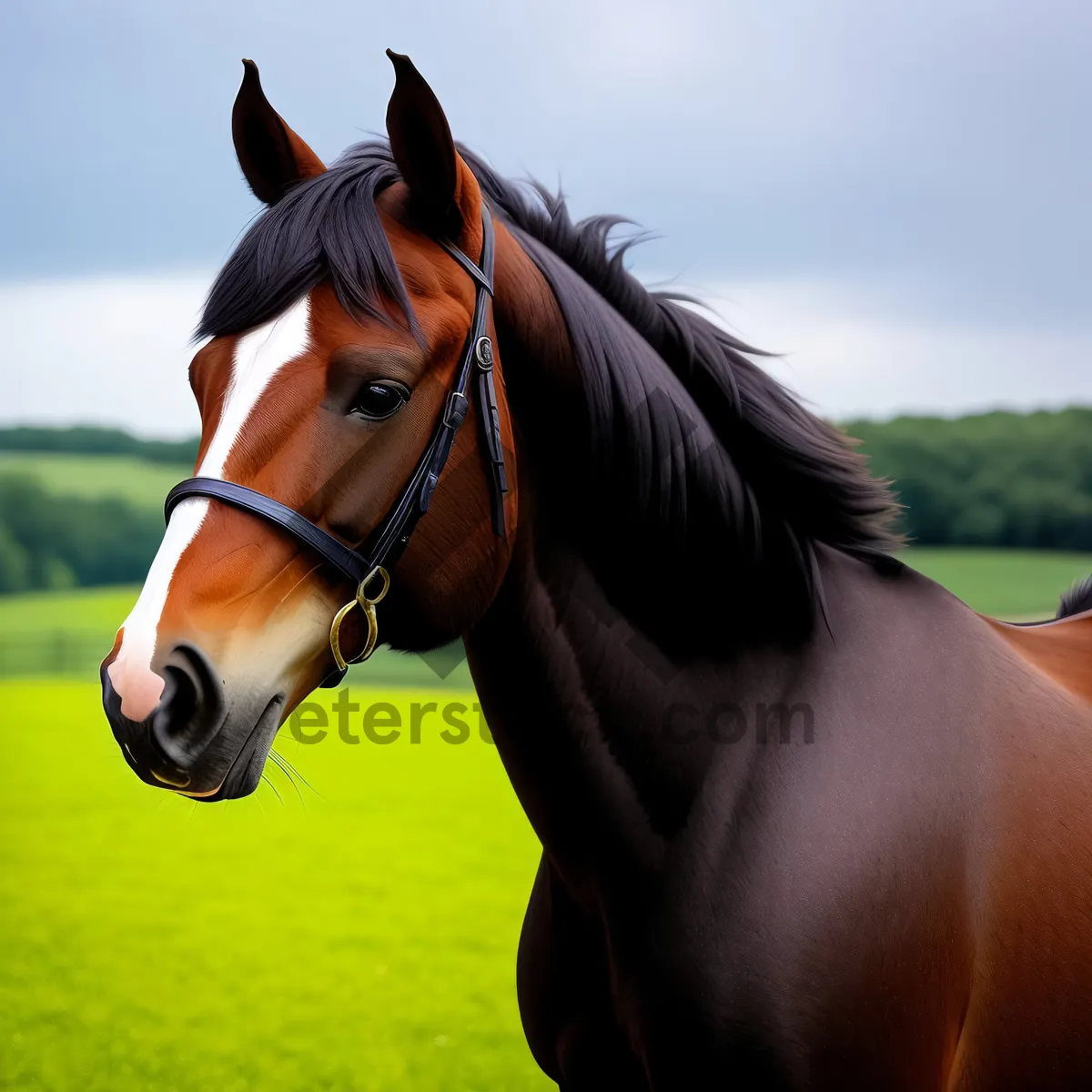 Picture of Majestic Brown Stallion in Pastoral Equestrian Meadow