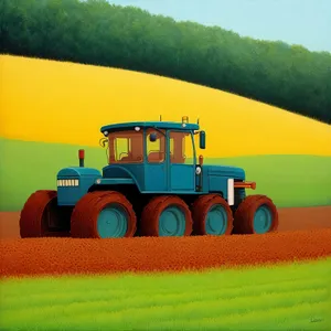 Rural Farming Landscape with Harvesting Machinery and Tractor