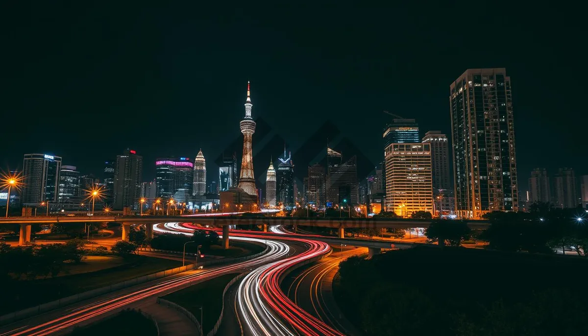 Picture of Modern office tower in city skyline at night