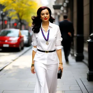 Attractive professional businesswoman smiling in the city.