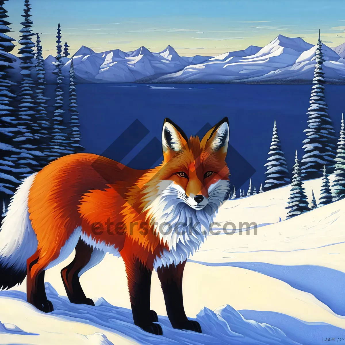 Picture of Snowy Red Fox Playfully Roaming Mountainscape