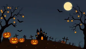 Moonlit cemetery silhouette art with Halloween pumpkin.