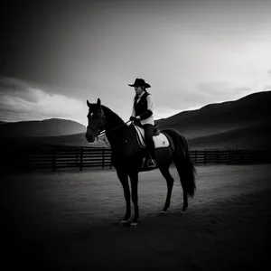 Sunset Silhouette of Cowboy Riding Horse on Beach