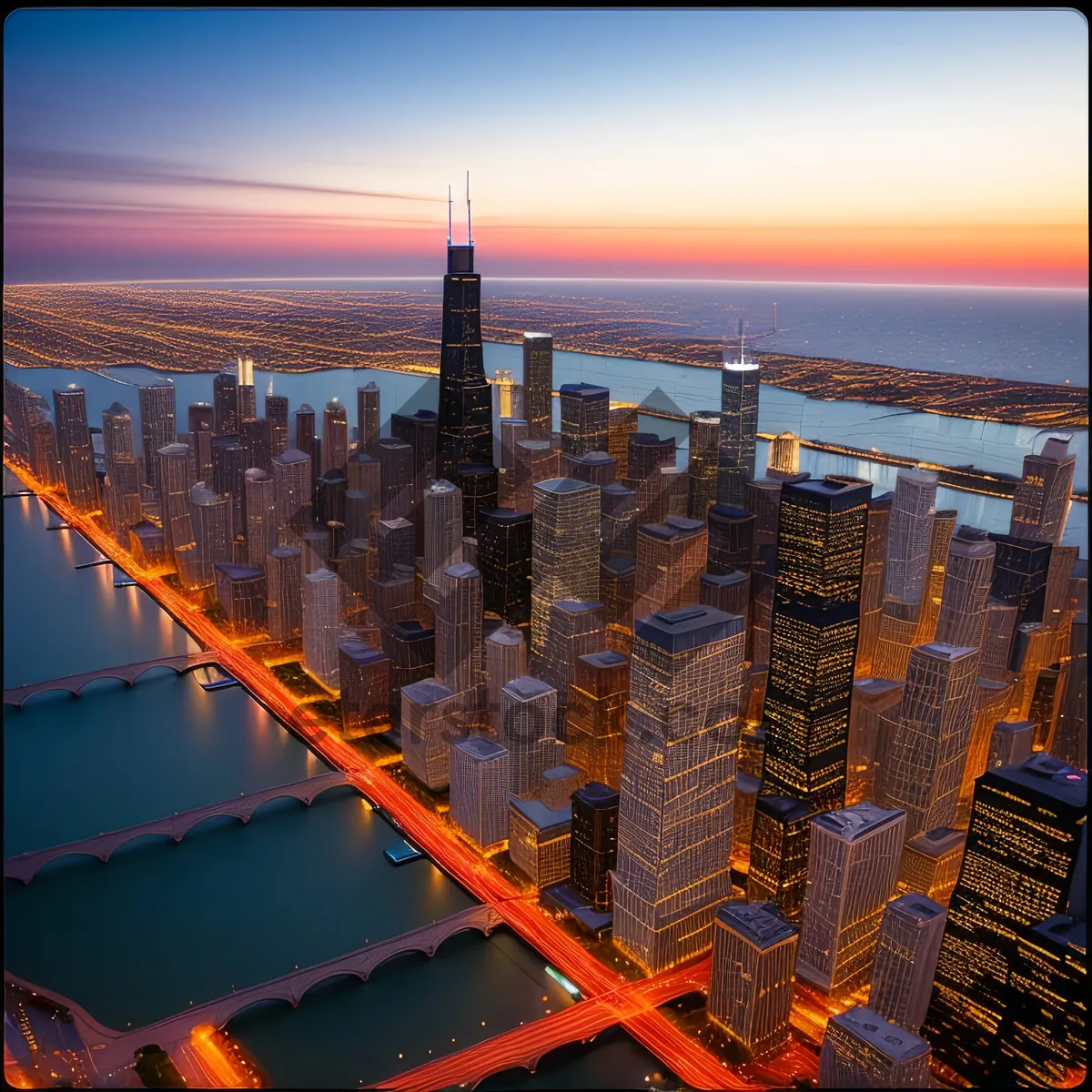 Picture of Glowing city skyline reflected on the river