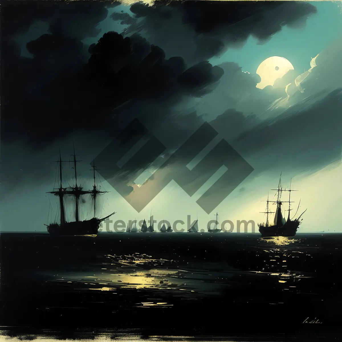 Picture of Sunset Pirate Ship on the Sea