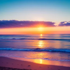 Golden Twilight on Beach: Tranquil Ocean Sunset