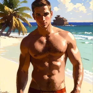 Muscular man in sexy swimsuit enjoying tropical beach vacation.
