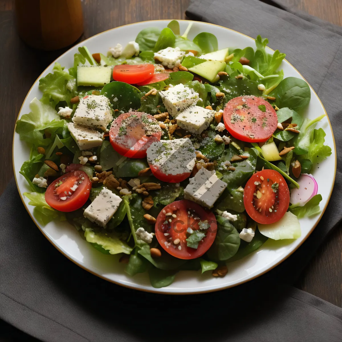 Picture of Delicious vegetable salad with fresh ingredients on plate.