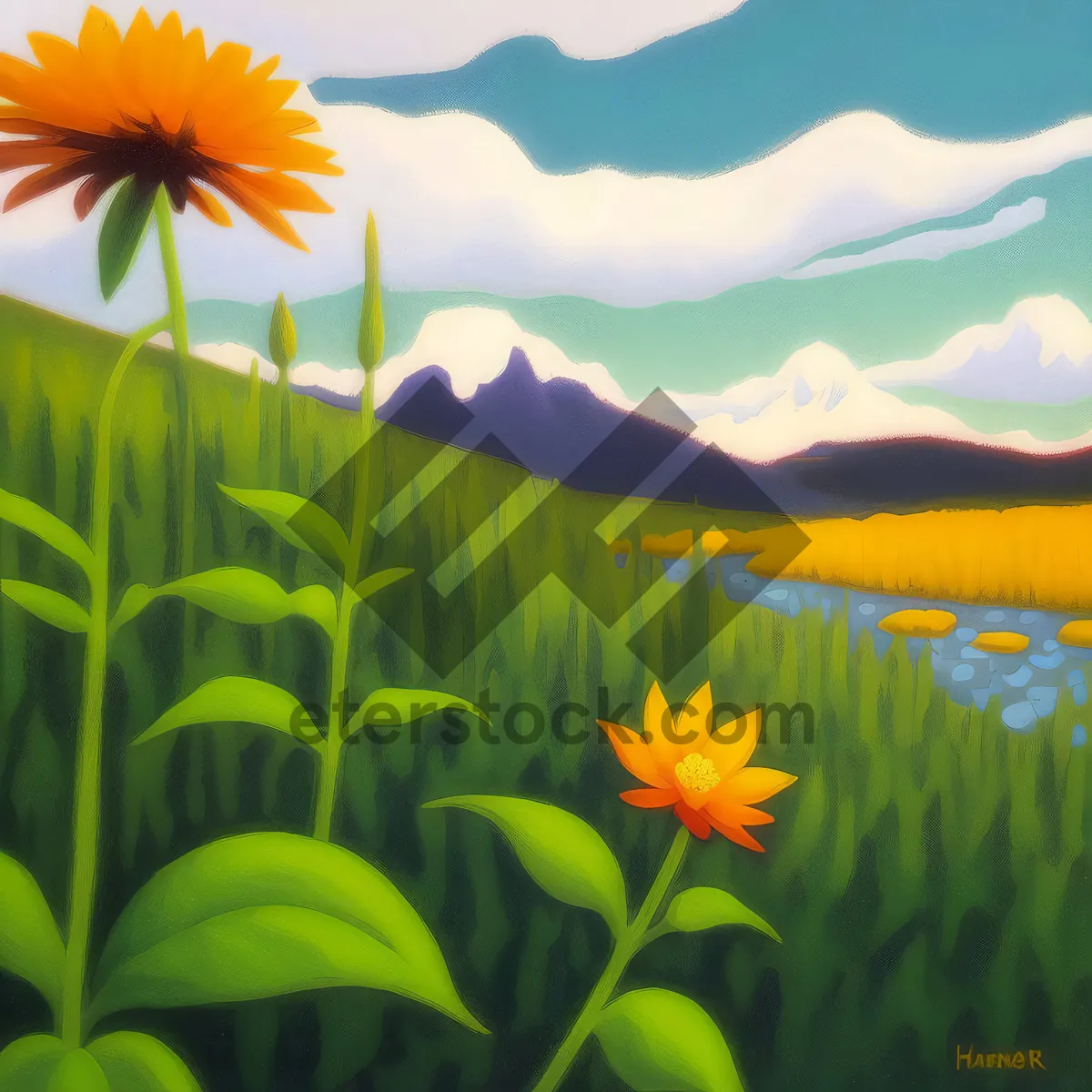 Picture of Vibrant Summer Landscape with Bright Yellow Flowers