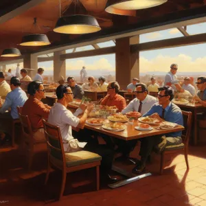 Man waiter serving table in restaurant interior
