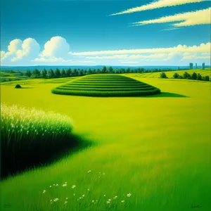 Sunny golf course amidst rapeseed meadows