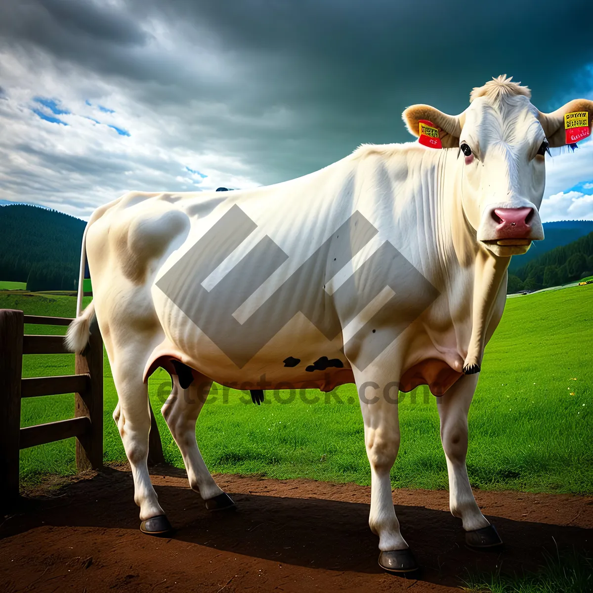 Picture of Rural Ranch with Grazing Cattle in Green Pasture