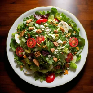 Gourmet salad plate with fresh vegetables and cheese.