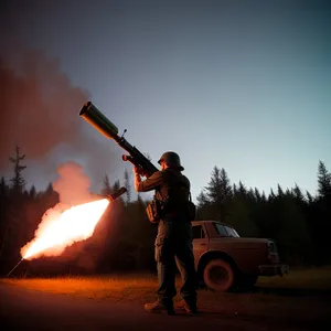 Silhouetted Man Operating Flamethrower at Sunset